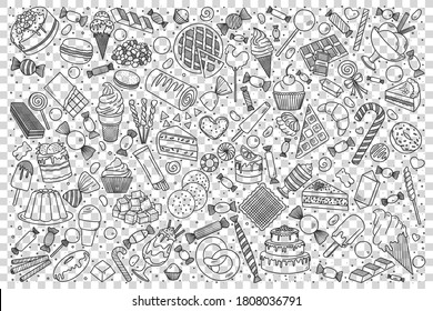 Sweets doodle set. Collection of hand drawn sketches templates of different delicious food desserts candies cake pie honey and lollipops. Unhealthy nutrition and lifestyle illustration.