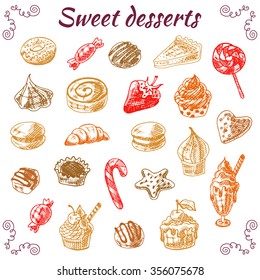 Sweets doodle set with cupcakes, candies, macaroons, cookies and lollipops.