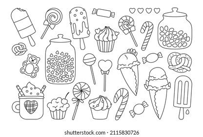 Sweets doodle set, jelly bear, spiral lollipop, pretzel caramel. Kawaii party outline sweet food collection. Holiday celebrate glossy sugar dessert. Surprise drawing isolated vector illustration