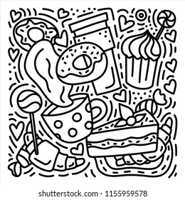 Sweets doodles hand drawn illustration with donuts, croissants, coffee etc. Stock vector