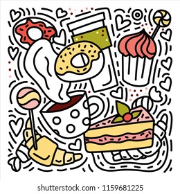 Sweets doodles hand drawn illustration with donuts, croissants, coffee etc. Stock vector