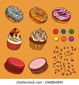 Sweets drawings of cupcakes, jelly beans, cookies