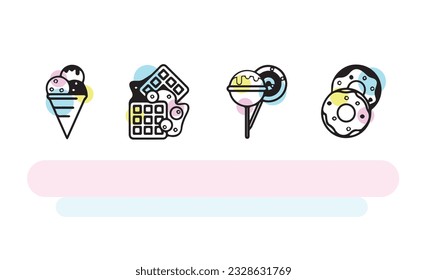 Sweets drawn with lines on a white background with colored circles. The finished image in a vector for publication.