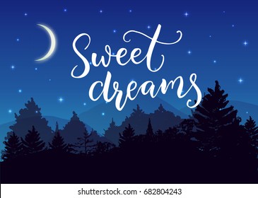 Sweets dreams. Good night wish typography on night landscape with trees silhouettes and blue starry sky and moon