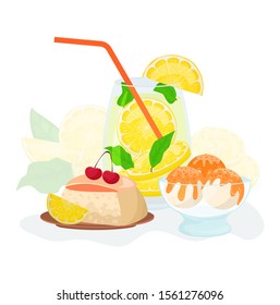 Sweets and drink vector illustration. Fresh fruit citrus lemonade or natural juice in glass, biscuit cake with jam decorated with lemon and cherry, syrup ice cream isolated on white background.