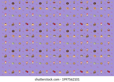 Sweets and drinks background, ice cream and cone, pudding, donut, cookies, chocolate, candy, croissant, coffee, matcha green tea, bubble tea, cake and cupcakes with borders