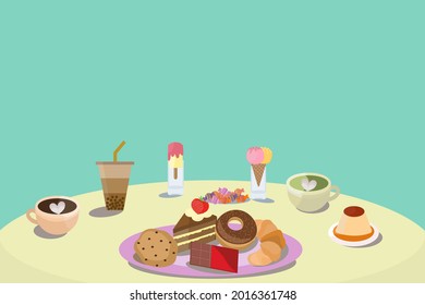 Sweets and drinks background, ice cream and cone, pudding, donut, cookies, chocolate, candy, croissant, coffee, matcha green tea, bubble tea, cake and cupcakes