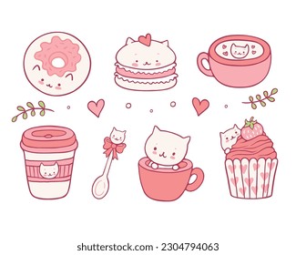 Sweets and drinks with cat faces color icons set. Pretty treats with beverages collection. Childish isolated vector illustrations. Hand-drawn images