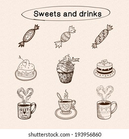 Sweets and drinks collection. Hand drawn vintage style. 
