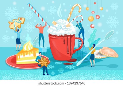 Sweets and Drinks Keeping People Warm and Close All Cold Winter Days Long. Happy Friends Serving Hot Cocoa Topped with Mini Marshmallows and Candy Canes to Have it with Ginger Cookies or Cheesecake.