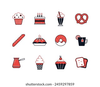 Sweets and drinks - line design style icons set with editable stroke. Cafe pastries, muffins, birthday cake, milkshake pretzel, hot cake, tea, coffee, loaf and cupcake. Tasty and delicious food idea