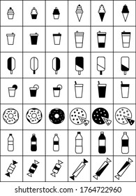 sweets and drinks are small and large with a prominent black part.
