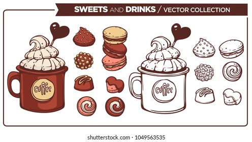Sweets and Drinks, vector collection of sketches of coffe mug and candies, line art and colored