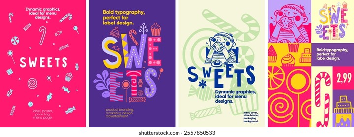 Sweets. Dynamic candy-inspired designs with bright colors and playful hand-drawn illustrations, perfect for menu covers, labels, and store packaging.