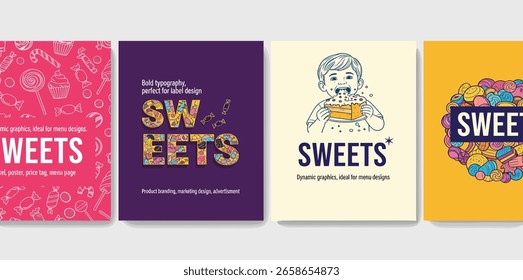 Süßigkeiten. Dynamische, von Bonbons inspirierte Designs mit hellen Farben und verspielten, handgezeichneten Illustrationen, perfekt für Menüabdeckungen, Labels und Geschäfte