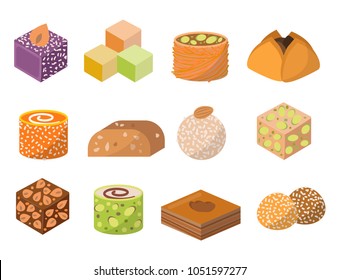 Sweets east delicious dessert food vector confectionery homemade assortment chocolate cake tasty bakery sweetness delights illustration