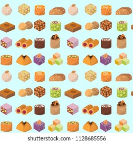 Sweets east delicious dessert food vector confectionery homemade assortment chocolate cake tasty bakery sweetness delights illustration seamless pattern background