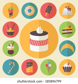 Sweets element set, food icons, flat design vector for restaurant, cafe and dessert menu.