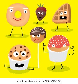 Sweets with faces, illustration set. EPS.