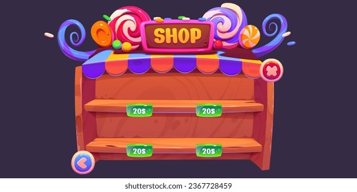 Sweets factory game shop for user interface design. Vector cartoon illustration of wooden frame with empty shelves and price tags, colorful caramel, chocolate nameplate decoration on top, online store