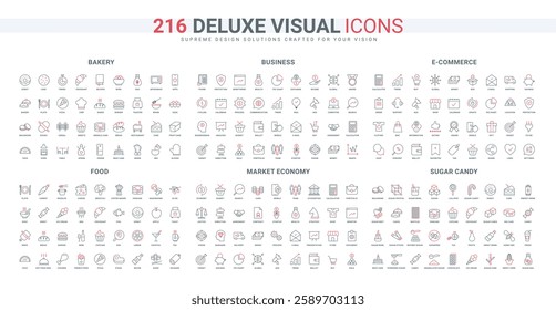 Sweets and fast food, business communication and analysis, direction for growth line icon set. Bakery and restaurant product, equipment, recipes thin black and red outline symbols vector illustration