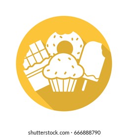 Sweets flat design long shadow glyph icon. Confectionery. Chocolate bar, doughnut, muffin with raisins, ice cream. Vector silhouette illustration
