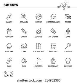 Sweets flat icon set. Collection of high quality outline symbol of sweets food for web design, mobile app. Vector thin line vector icons or logo of chocolate, pudding, cake, candy, cookies, etc. 