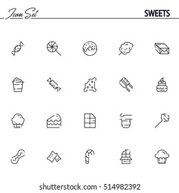 Sweets flat icon set. Collection of high quality outline symbol of sweets food for web design, mobile app. Vector thin line vector icons or logo of chocolate, pudding, cake, candy, cookies, etc. 