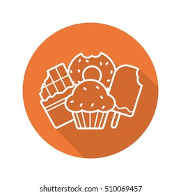 Sweets flat linear long shadow icon. Confectionery. Chocolate bar, doughnut, muffin with raisins, ice cream. Vector line symbol