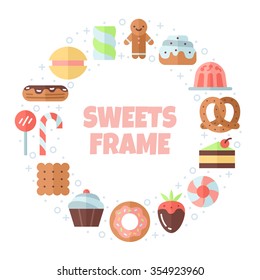 Sweets flat multicolored circle frame. Modern minimalistic design (part two).