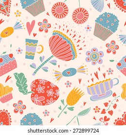 Sweets & flowers. Cute vector seamless pattern.