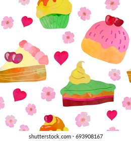 Sweets, flowers and hearts. Cute seamless pattern. Watercolour imitation