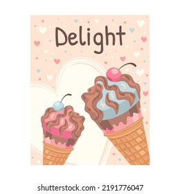 Sweets flyer. Ice cream, macaroons vector illustration with text. Food and dessert concept for confectionery posters and leaflets design
