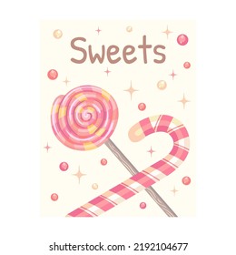 Sweets Flyer. Lolly Pops Vector Illustration With Text. Food And Dessert Concept For Confectionery Posters And Leaflets Design