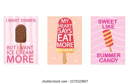Sweets flyers set. ice cream, macaroons vector with text. Food and dessert concept for confectionery posters and leaflets design. Ice cream phrases