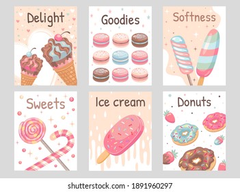 Sweets flyers set. Lollypops, donuts, ice cream, macaroons vector illustrations with text. Food and dessert concept for confectionery posters and leaflets design