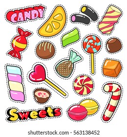 Sweets Food Candies Stickers, Patches, Badges with Lollipop, Chocolate Candy and Jelly. Vector Doodle