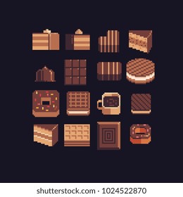 Sweets food pixel art icon set. Baked tasty food and coffee. Design elements, sticker, logo bakery. Chocolate donut, wafer, cake, biscuits, candy and cookies isolated vector illustration. 8-bit sprite