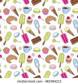 Sweets food repeating pattern. Multicolored doodle goodies, vector