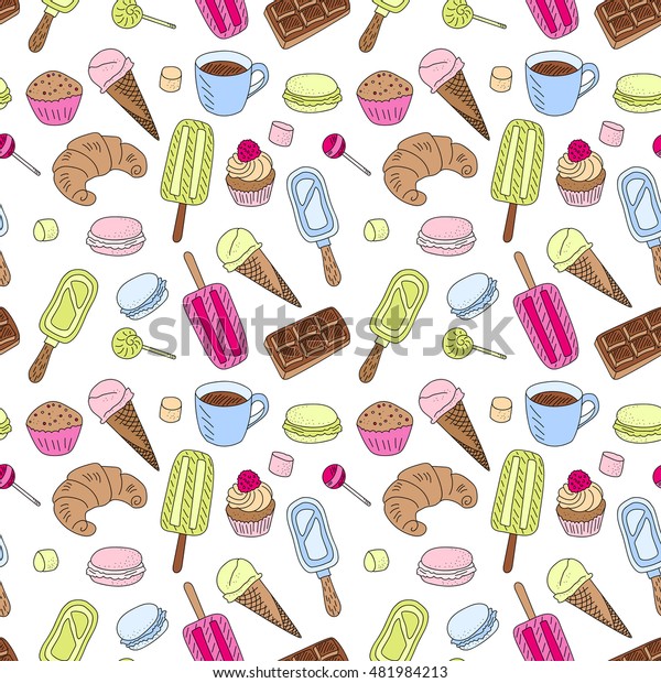 Sweets Food Repeating Pattern Multicolored Doodle Stock Vector (Royalty ...