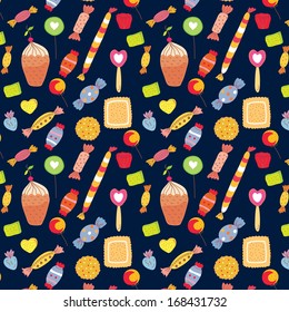 Sweets funny background with candies and cakes