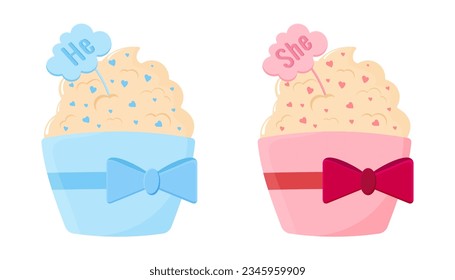 Sweets for a gender party, cupcake in a cup, he or she	