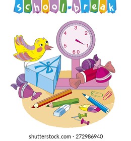 Sweets and a gift box lie on scales. The cheerful birdie sits on a gift box.Separate layers of objects and background for easy editing.