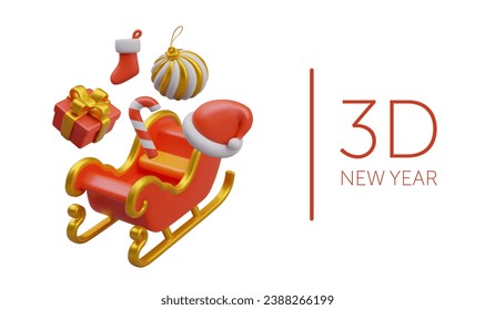 Sweets, gifts, decorative elements in red sleigh of Santa Claus. 3D concept of New Year. Vector composition on white background. Winter holiday. December web design template