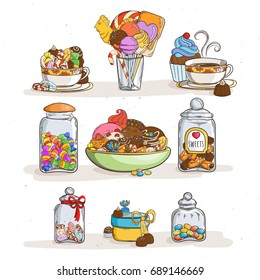 Sweets in glass jars of various forms with different candies and cookies. Vector illustration