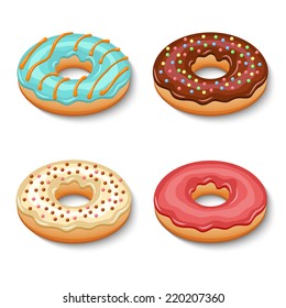 Sweets glazy chocolate creamy donut dessert set isolated vector illustration