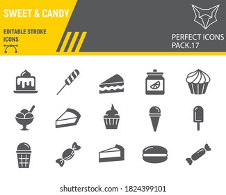 Sweets glyph icon set, desserts collection, vector sketches, logo illustrations, confectionery icons, pastry signs solid pictograms, editable stroke