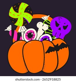 Doces para o Halloween. Doodle estilo spooky sobremesa escultura, globos oculares, e ossos na cesta de abóbora. Truque ou deleite. Ilustração de vetor plano.