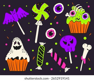 Doces para o jogo de Halloween. Doodle estilo spooky sobremesa cupcake, escultura, globos oculares e ossos. Truque ou deleite. Ilustração de vetor plano.