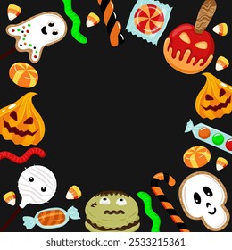 Sweets for Halloween. Square frame for text. Set of vector illustrations.